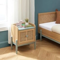 Table De Chevet PABLO Bleu Et Cannage Rotin 1 Tiroir