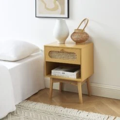 Table De Chevet SIXTINE Jaune Safran Et Cannage Rotin 11 Table De Chevet SIXTINE Jaune Safran Et Cannage Rotin -Mobilia Soldes table de chevet sixtine jaune safran et cannage rotin 1