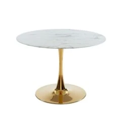 Table Séjour MONIKA Verre Effet Marbre Ronde 110cm Pied Doré -Mobilia Soldes table sejour monika or 110cm verre trempe effet marbre pied en metal dore 2