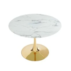 Table Séjour MONIKA Verre Effet Marbre Ronde 110cm Pied Doré -Mobilia Soldes table sejour monika or 110cm verre trempe effet marbre pied en metal dore 3
