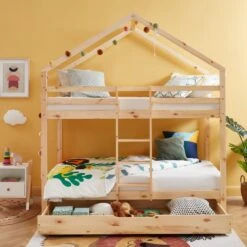 Lit Cabane Superposé TINY Pin Naturel 90x190 Sommier Inclus -Mobilia Soldes tinybunkdrana lit superpose lit superpose cabane bois echelle sur le cote et tiroir 2